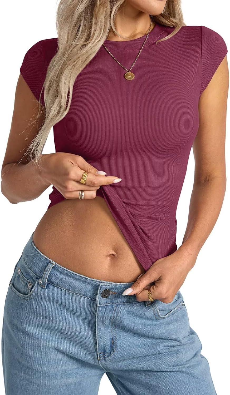 image:imageWomens Cap Sleeve Tops Summer Crew Neck Short Sleeve Shirts Slim Fit Basic Ribbed Tees Y2K Going Out Crop TopsWine Red