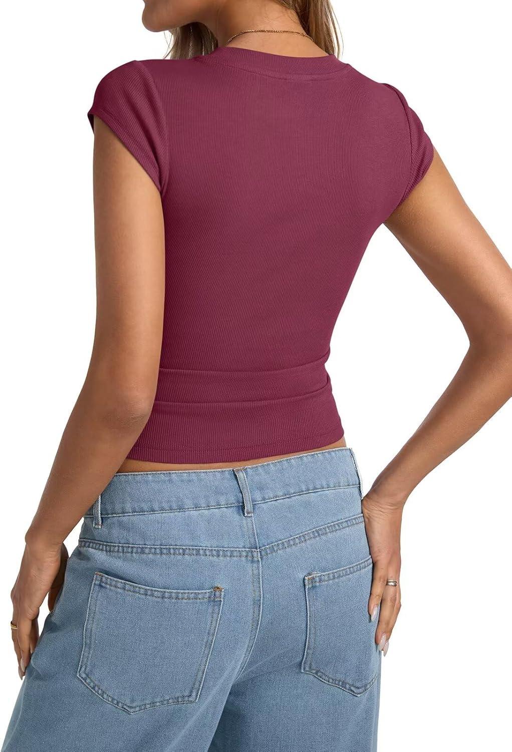 image:imageWomens Cap Sleeve Tops Summer Crew Neck Short Sleeve Shirts Slim Fit Basic Ribbed Tees Y2K Going Out Crop TopsWine Red