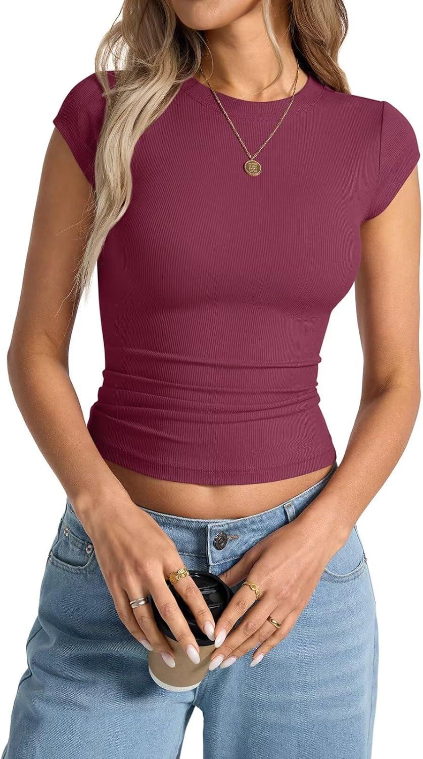 image:imageWomens Cap Sleeve Tops Summer Crew Neck Short Sleeve Shirts Slim Fit Basic Ribbed Tees Y2K Going Out Crop TopsWine Red