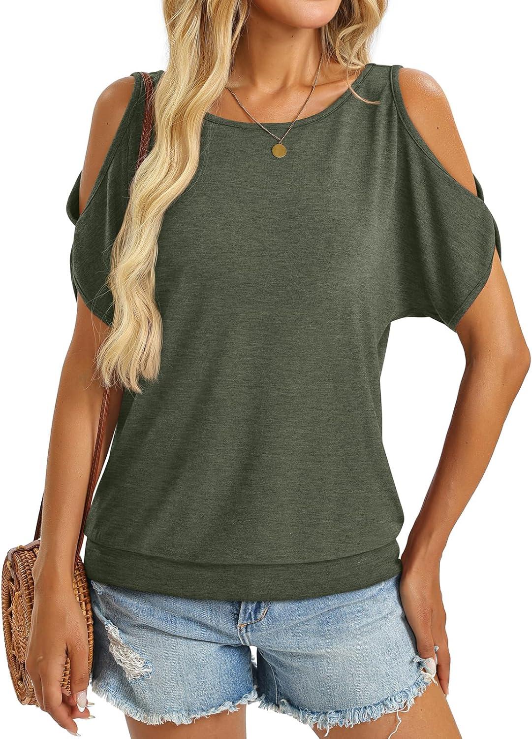 image:imageWomens Cold Shoulder Tops Banded Bottom Boat Neck T Shirts Summer Sexy Casual Loose Fit Clothes 2026Army Green