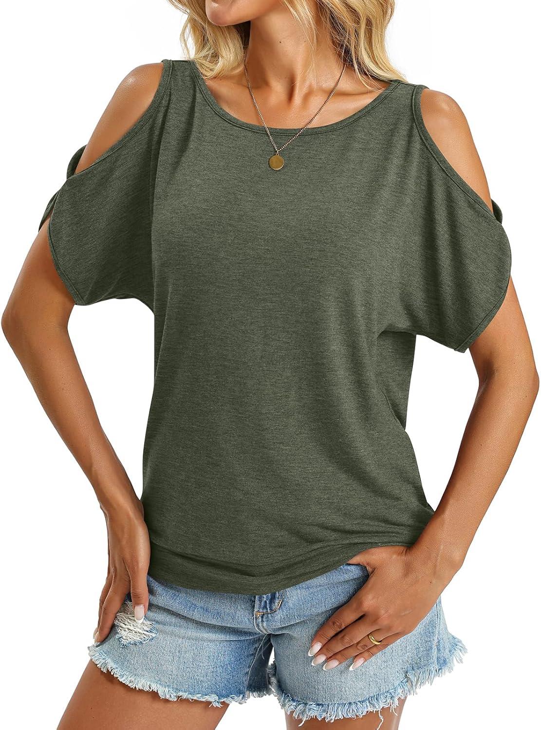 image:imageWomens Cold Shoulder Tops Banded Bottom Boat Neck T Shirts Summer Sexy Casual Loose Fit Clothes 2026Army Green