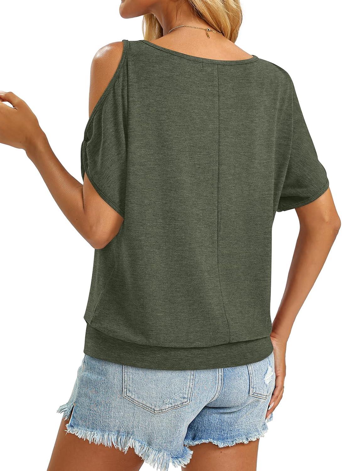 image:imageWomens Cold Shoulder Tops Banded Bottom Boat Neck T Shirts Summer Sexy Casual Loose Fit Clothes 2026Army Green