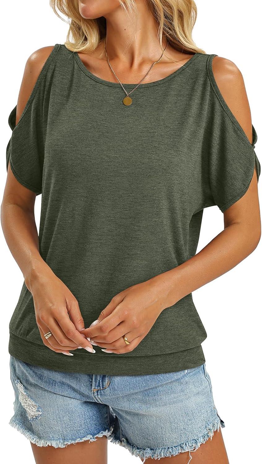 image:imageWomens Cold Shoulder Tops Banded Bottom Boat Neck T Shirts Summer Sexy Casual Loose Fit Clothes 2026Army Green