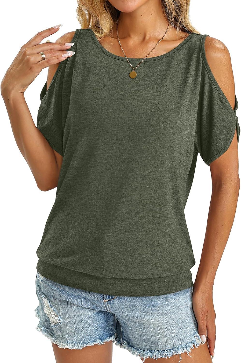 image:imageWomens Cold Shoulder Tops Banded Bottom Boat Neck T Shirts Summer Sexy Casual Loose Fit Clothes 2026Army Green