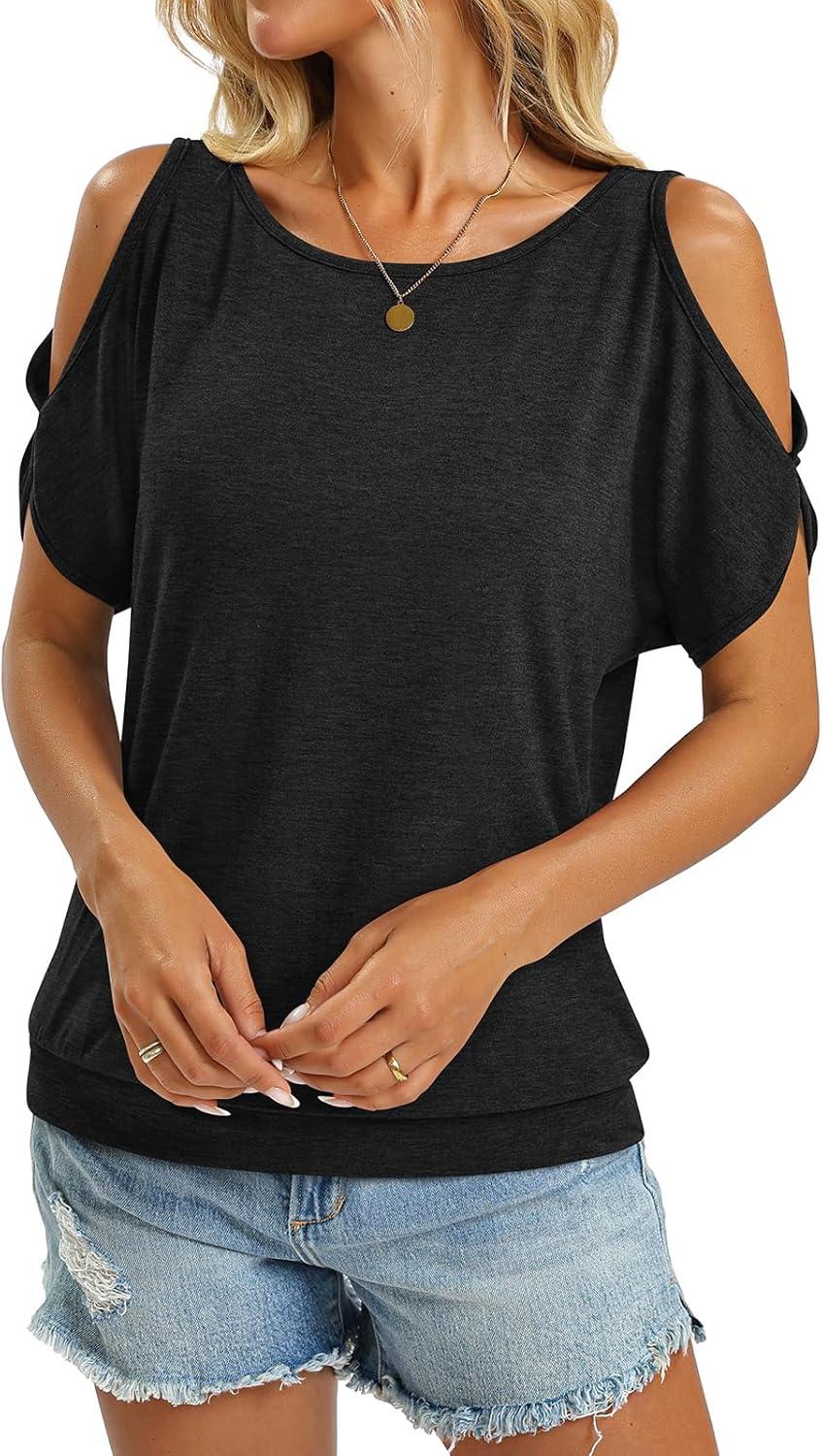 image:imageWomens Cold Shoulder Tops Banded Bottom Boat Neck T Shirts Summer Sexy Casual Loose Fit Clothes 2026Black