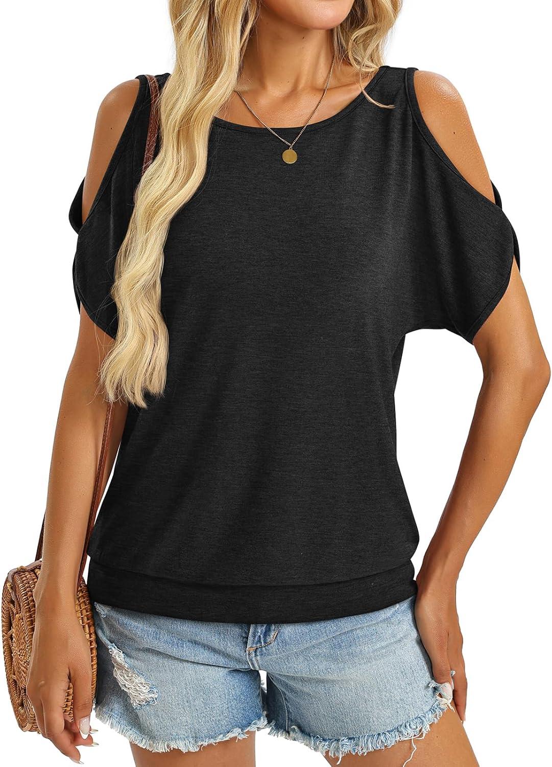 image:imageWomens Cold Shoulder Tops Banded Bottom Boat Neck T Shirts Summer Sexy Casual Loose Fit Clothes 2026Black