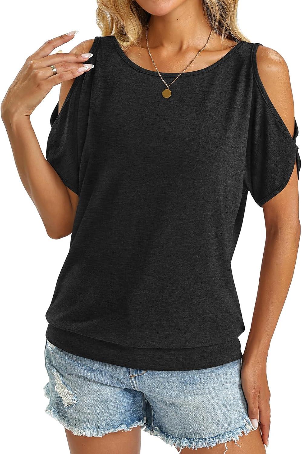 image:imageWomens Cold Shoulder Tops Banded Bottom Boat Neck T Shirts Summer Sexy Casual Loose Fit Clothes 2026Black
