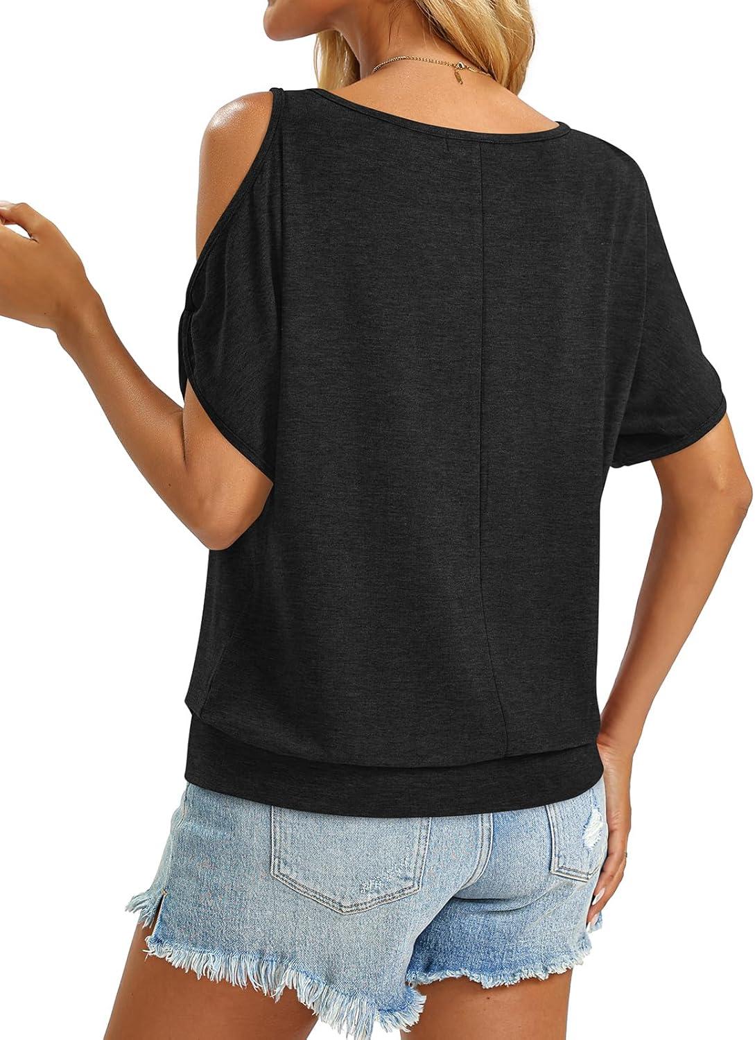 image:imageWomens Cold Shoulder Tops Banded Bottom Boat Neck T Shirts Summer Sexy Casual Loose Fit Clothes 2026Black