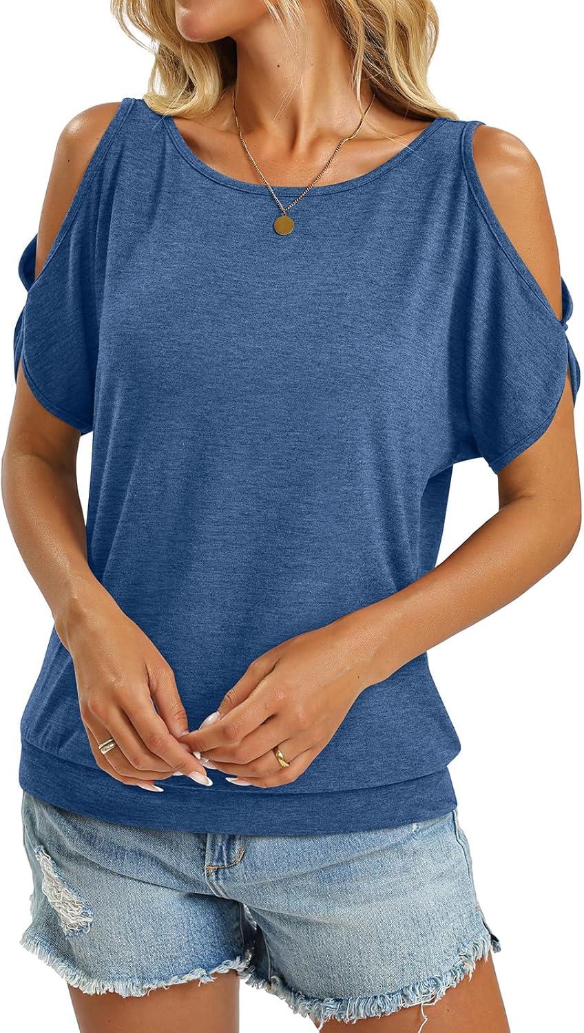 image:imageWomens Cold Shoulder Tops Banded Bottom Boat Neck T Shirts Summer Sexy Casual Loose Fit Clothes 2026Blue