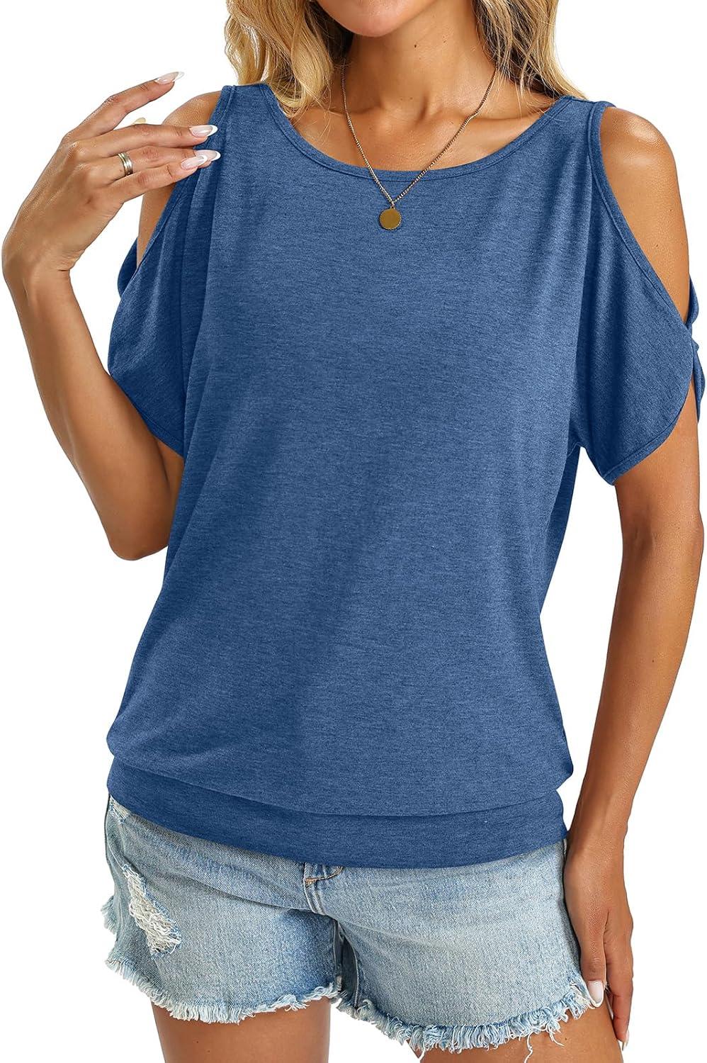 image:imageWomens Cold Shoulder Tops Banded Bottom Boat Neck T Shirts Summer Sexy Casual Loose Fit Clothes 2026Blue