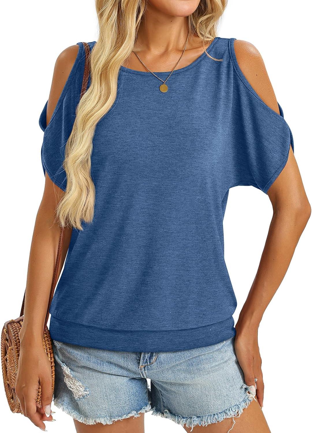 image:imageWomens Cold Shoulder Tops Banded Bottom Boat Neck T Shirts Summer Sexy Casual Loose Fit Clothes 2026Blue