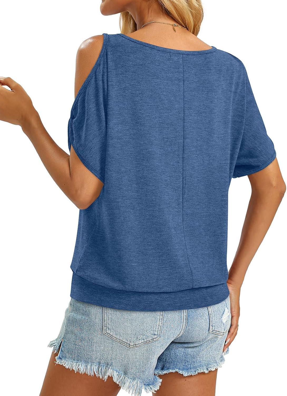 image:imageWomens Cold Shoulder Tops Banded Bottom Boat Neck T Shirts Summer Sexy Casual Loose Fit Clothes 2026Blue