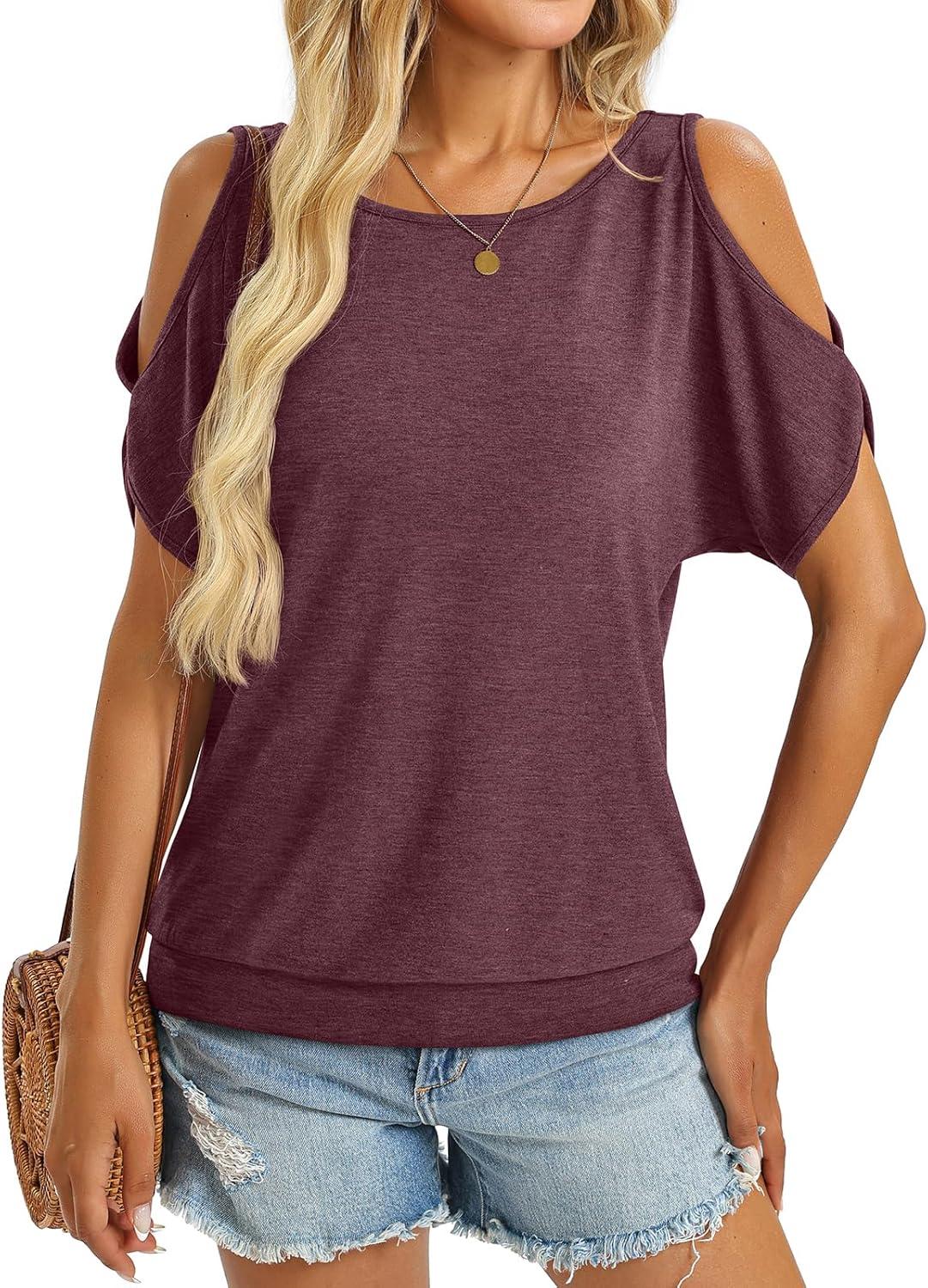 image:imageWomens Cold Shoulder Tops Banded Bottom Boat Neck T Shirts Summer Sexy Casual Loose Fit Clothes 2026Burgundy