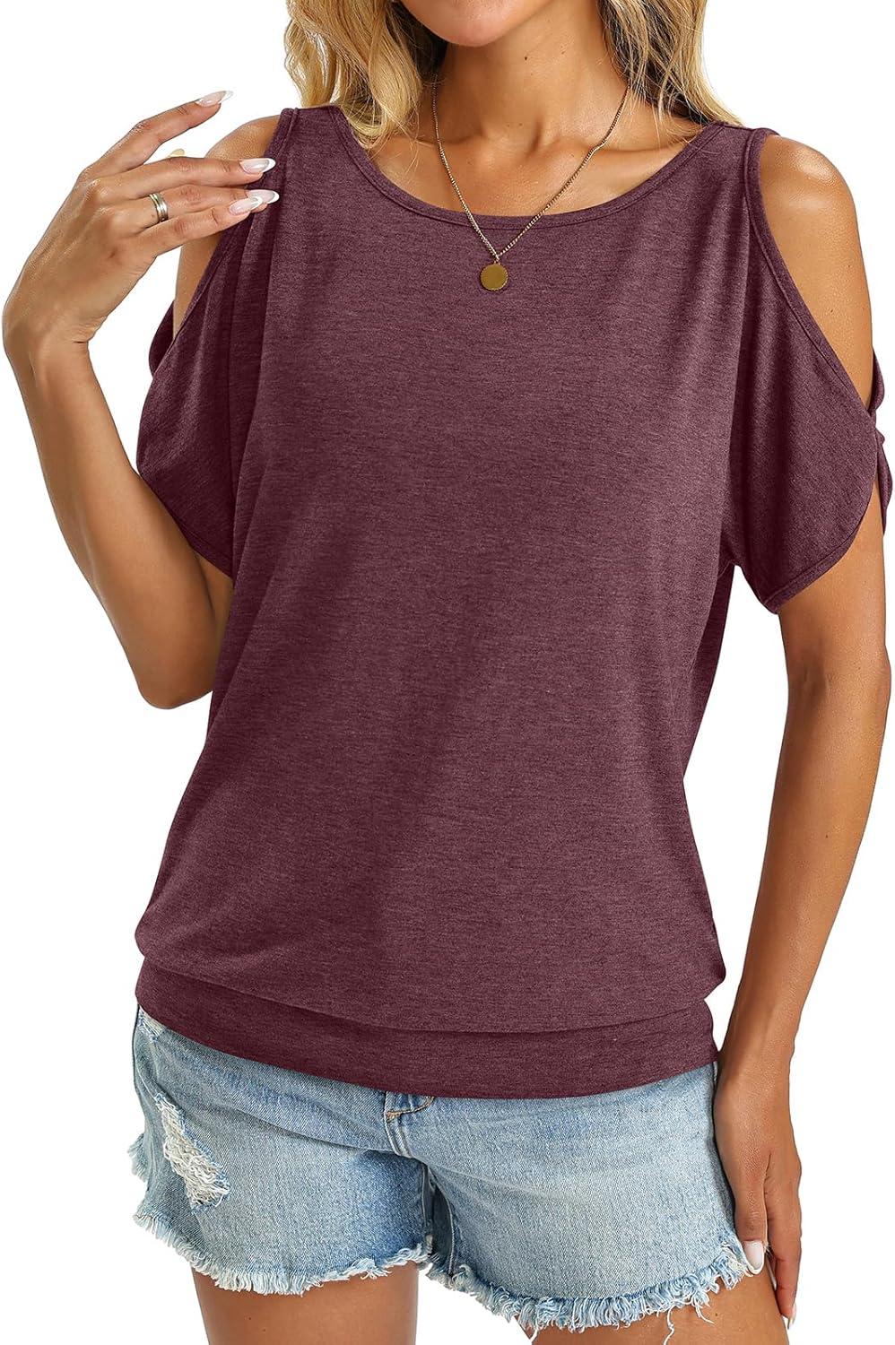 image:imageWomens Cold Shoulder Tops Banded Bottom Boat Neck T Shirts Summer Sexy Casual Loose Fit Clothes 2026Burgundy