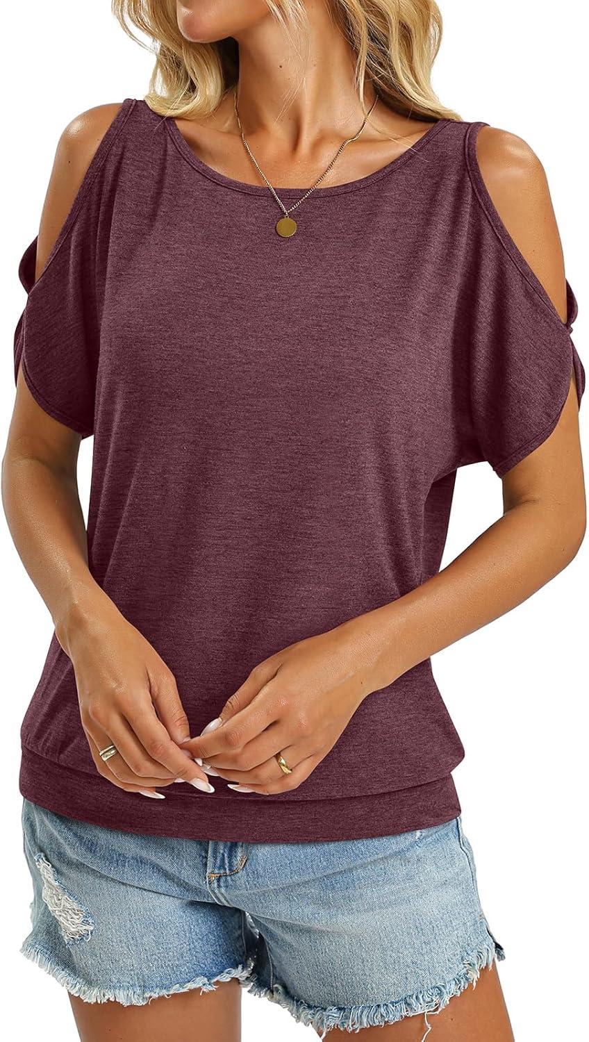 image:imageWomens Cold Shoulder Tops Banded Bottom Boat Neck T Shirts Summer Sexy Casual Loose Fit Clothes 2026Burgundy