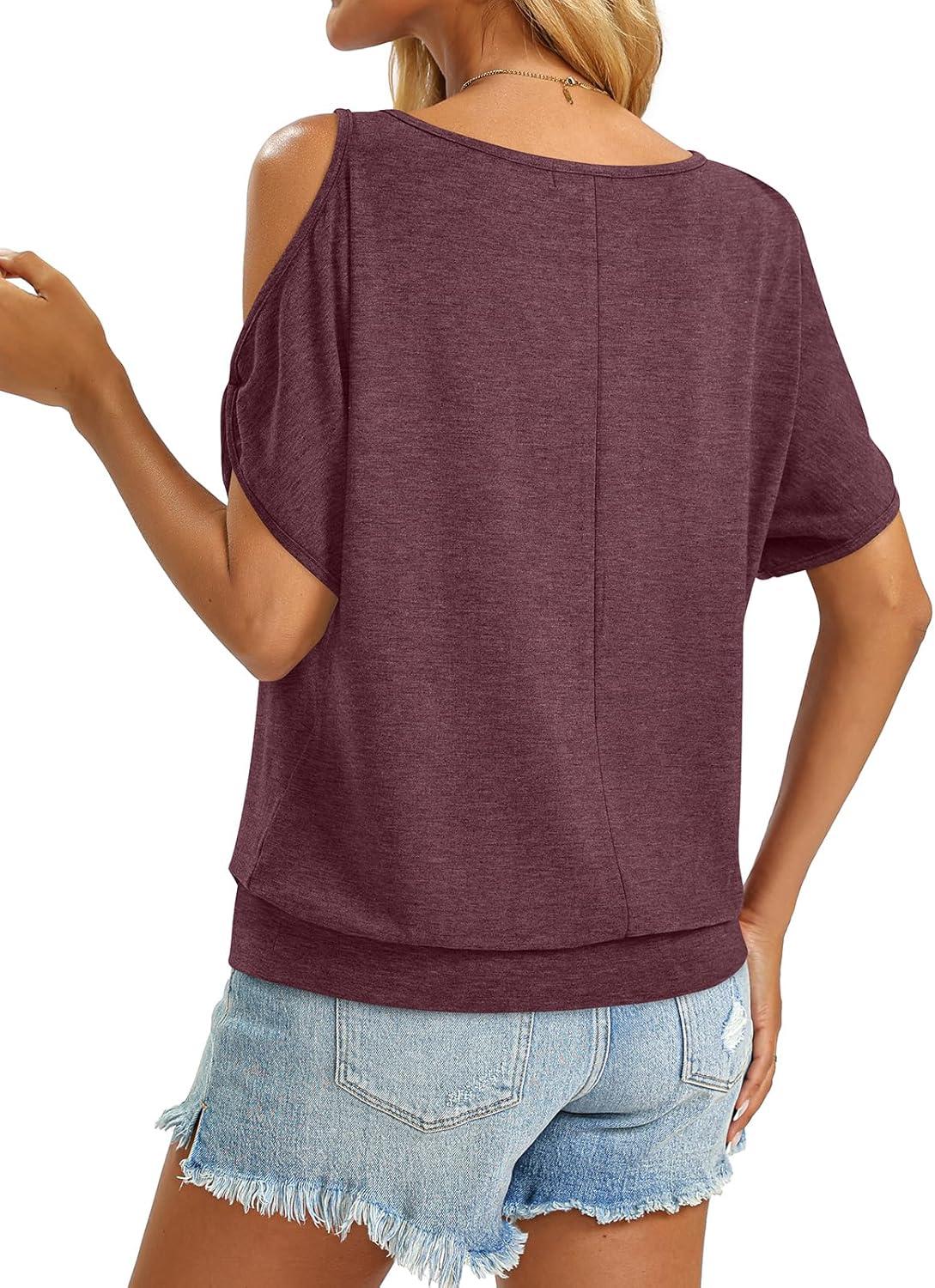 image:imageWomens Cold Shoulder Tops Banded Bottom Boat Neck T Shirts Summer Sexy Casual Loose Fit Clothes 2026Burgundy