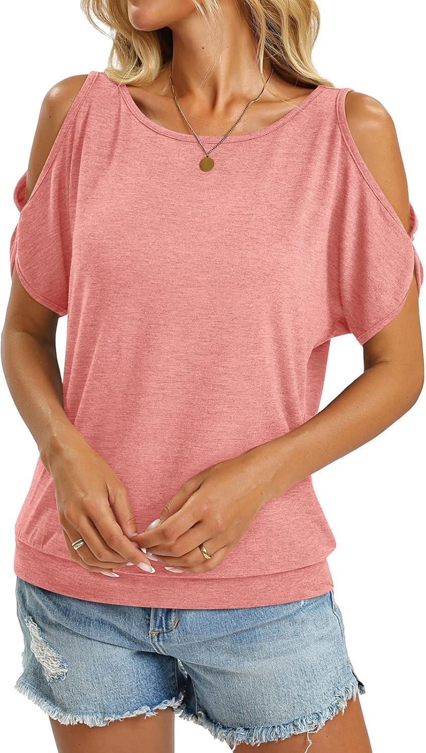 image:imageWomens Cold Shoulder Tops Banded Bottom Boat Neck T Shirts Summer Sexy Casual Loose Fit Clothes 2026Coral