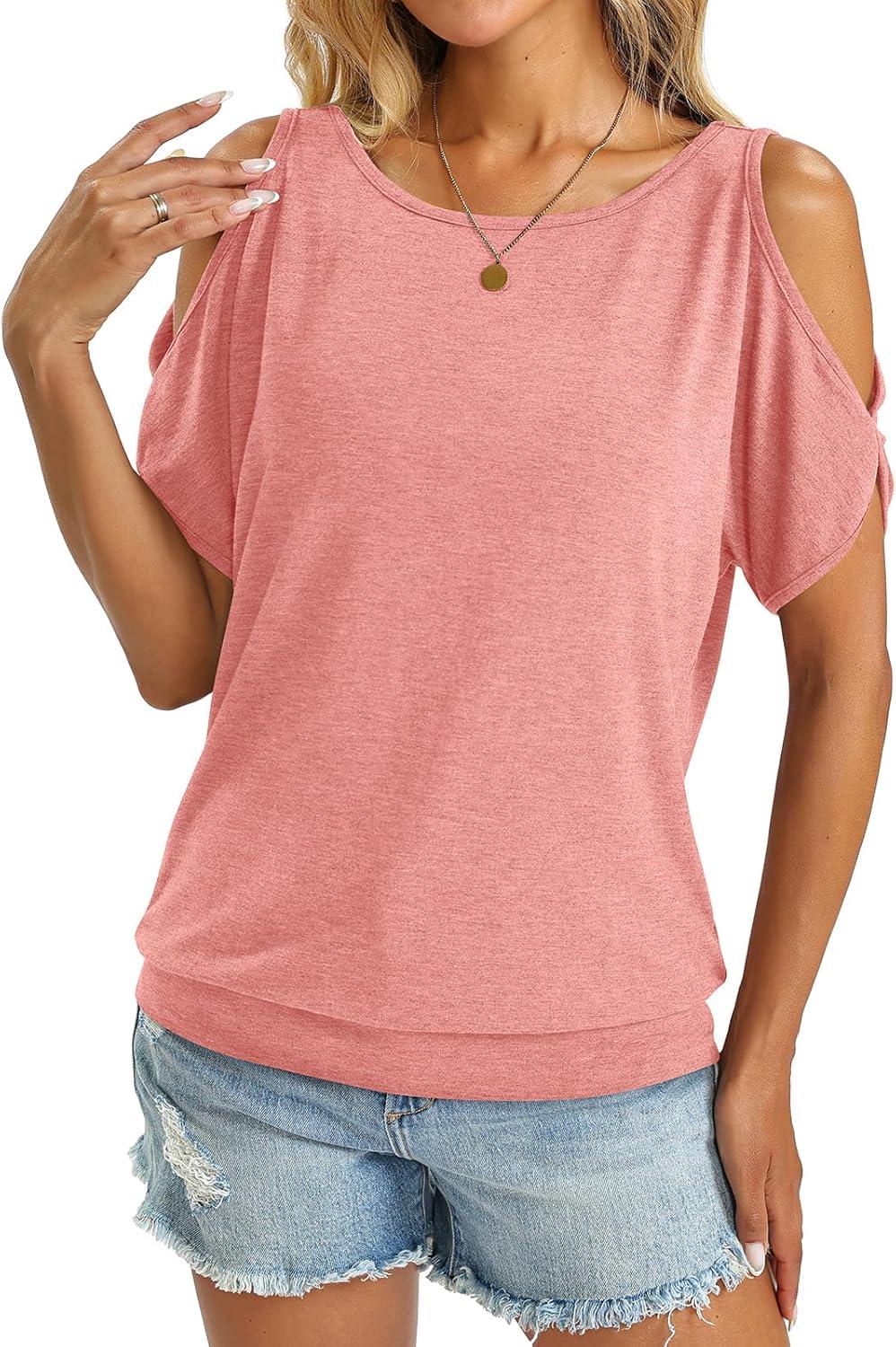 image:imageWomens Cold Shoulder Tops Banded Bottom Boat Neck T Shirts Summer Sexy Casual Loose Fit Clothes 2026Coral