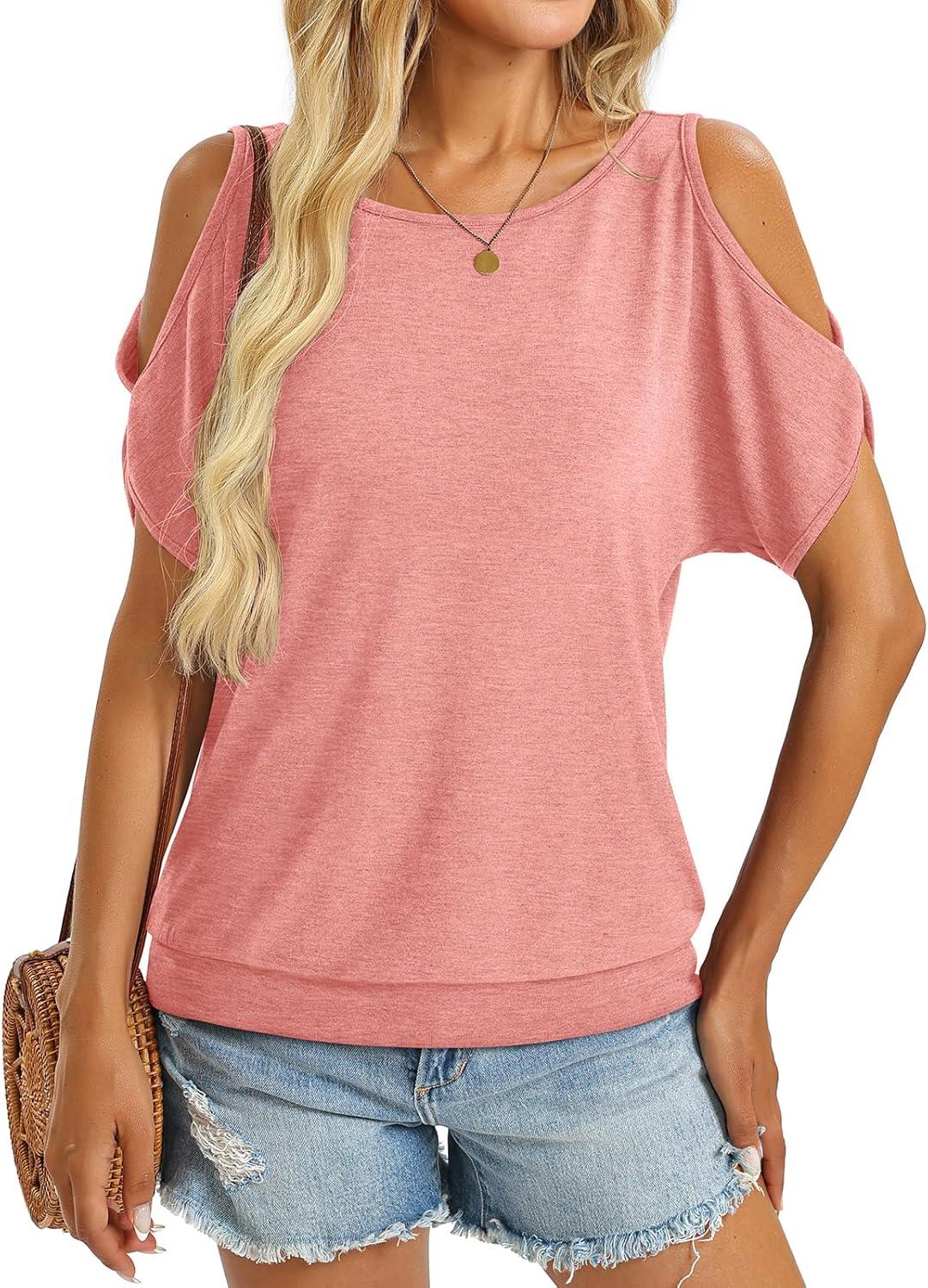 image:imageWomens Cold Shoulder Tops Banded Bottom Boat Neck T Shirts Summer Sexy Casual Loose Fit Clothes 2026Coral