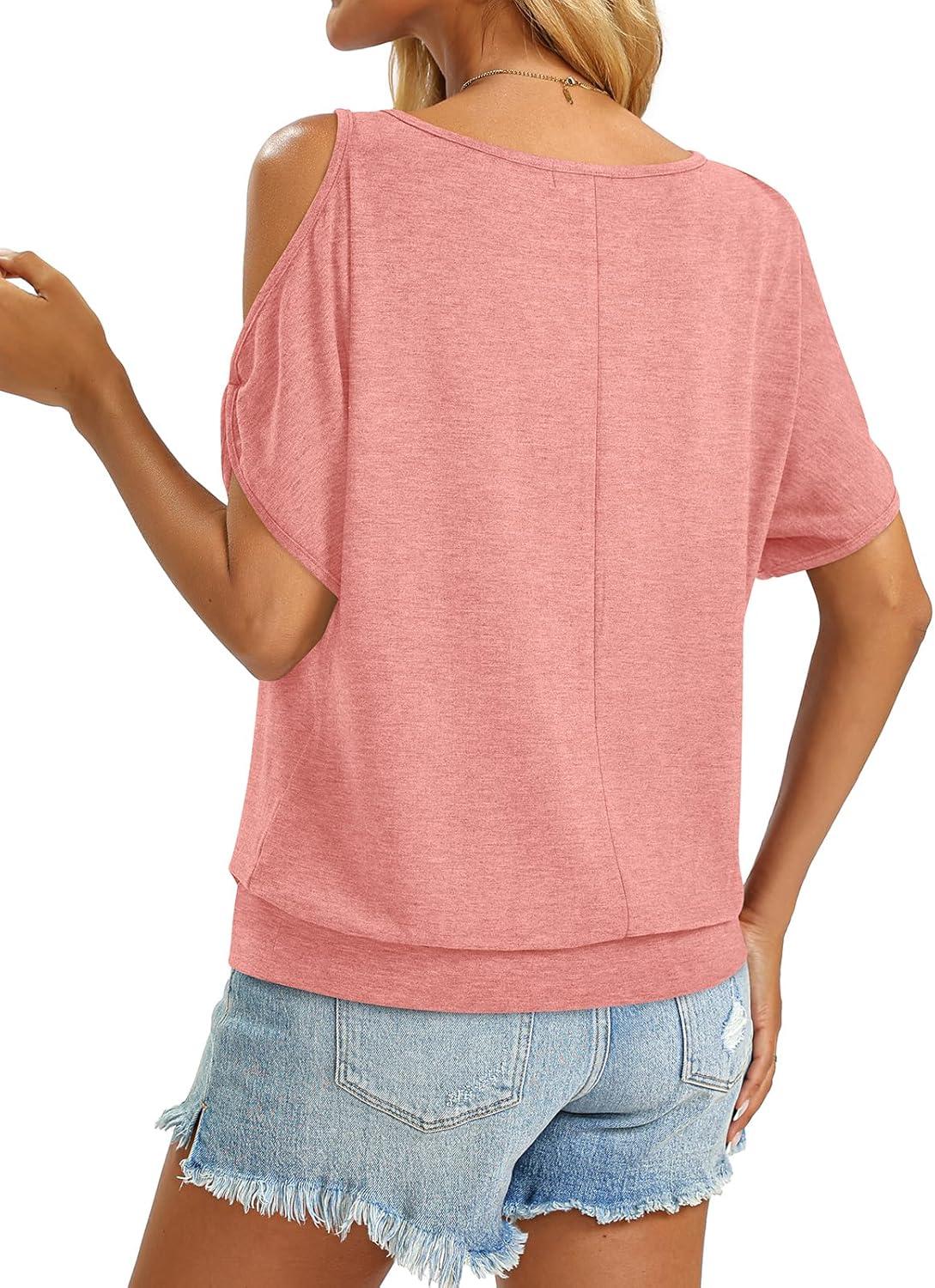 image:imageWomens Cold Shoulder Tops Banded Bottom Boat Neck T Shirts Summer Sexy Casual Loose Fit Clothes 2026Coral