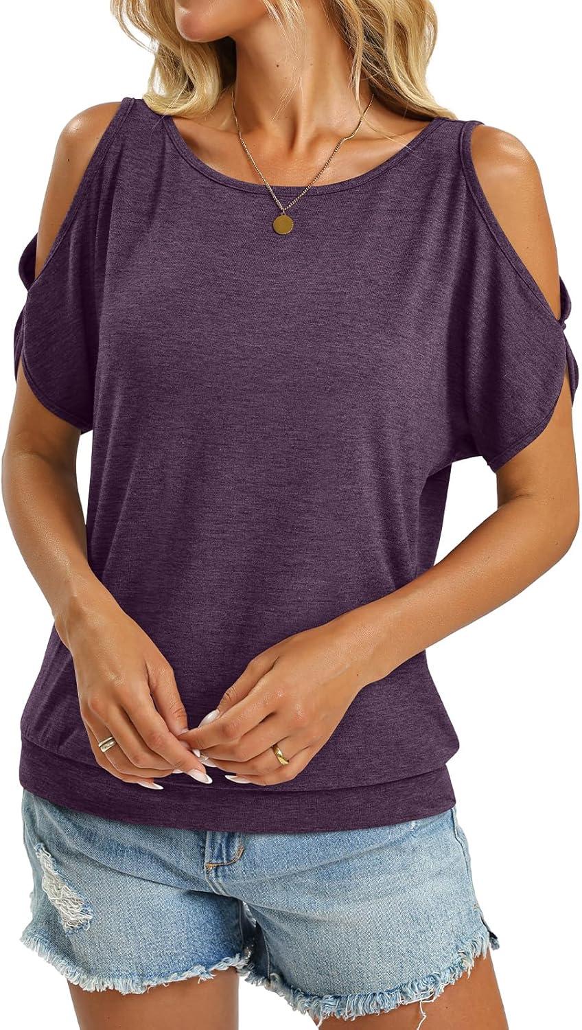 image:imageWomens Cold Shoulder Tops Banded Bottom Boat Neck T Shirts Summer Sexy Casual Loose Fit Clothes 2026Deep Purple