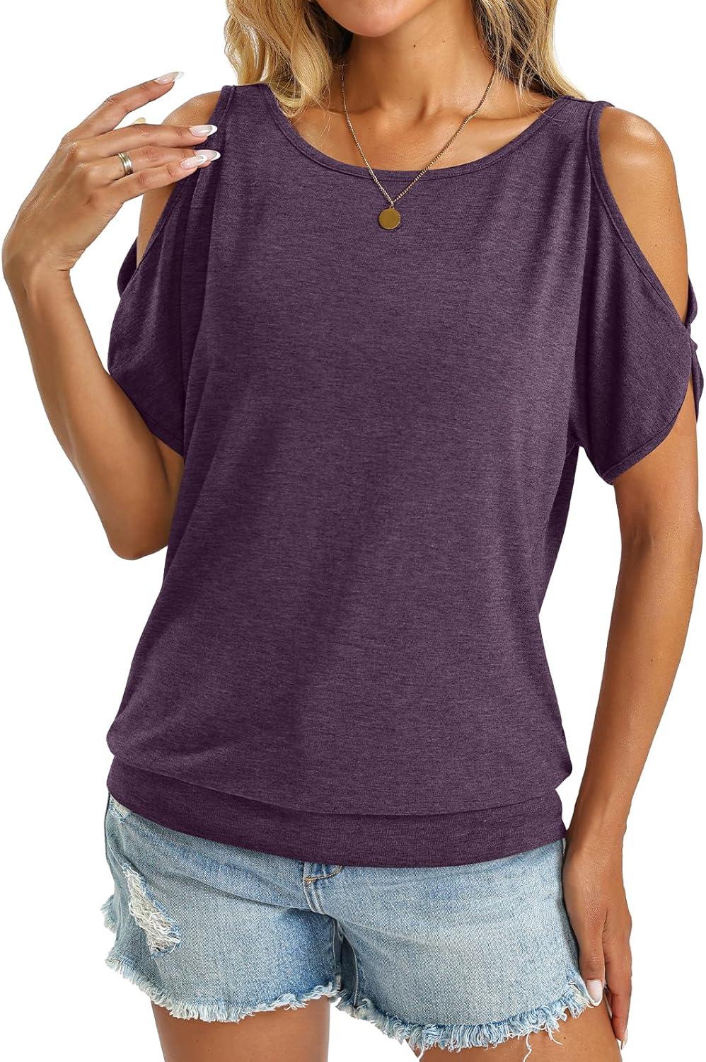 image:imageWomens Cold Shoulder Tops Banded Bottom Boat Neck T Shirts Summer Sexy Casual Loose Fit Clothes 2026Deep Purple