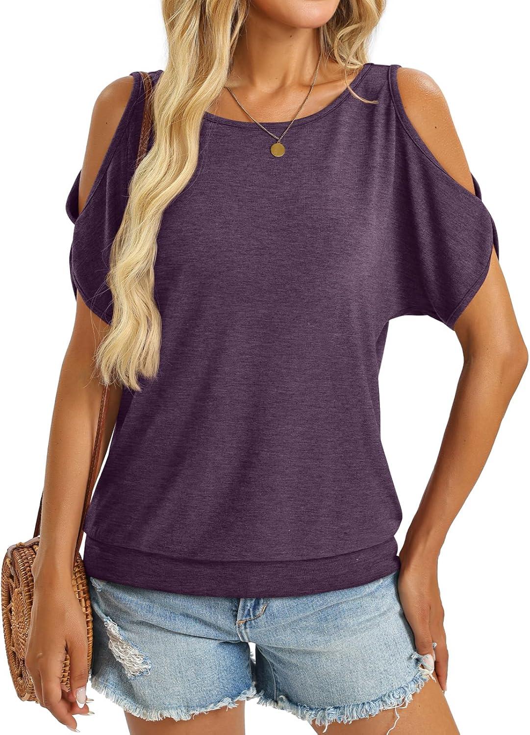image:imageWomens Cold Shoulder Tops Banded Bottom Boat Neck T Shirts Summer Sexy Casual Loose Fit Clothes 2026Deep Purple