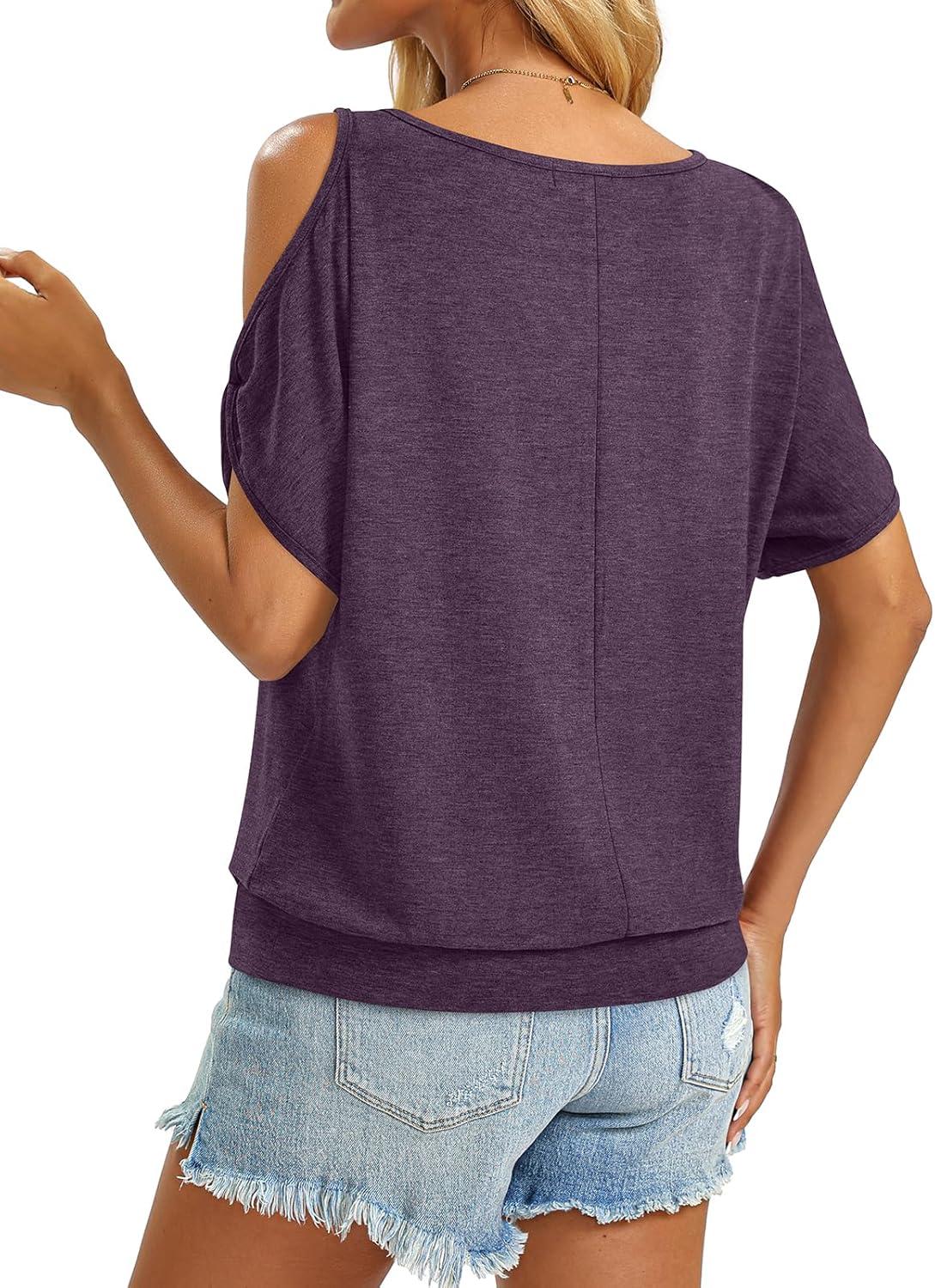 image:imageWomens Cold Shoulder Tops Banded Bottom Boat Neck T Shirts Summer Sexy Casual Loose Fit Clothes 2026Deep Purple