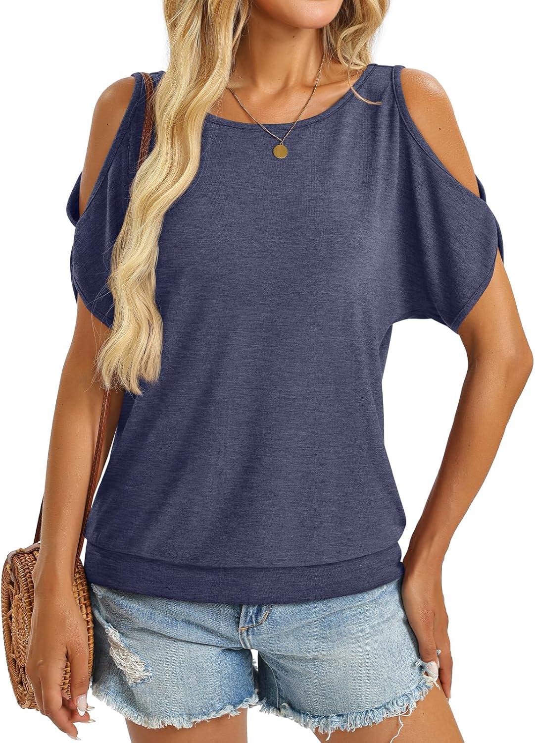 image:imageWomens Cold Shoulder Tops Banded Bottom Boat Neck T Shirts Summer Sexy Casual Loose Fit Clothes 2026Navy