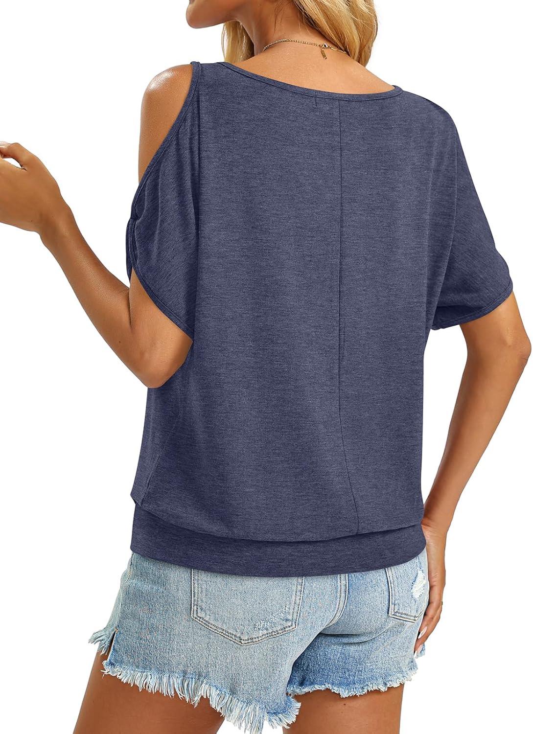 image:imageWomens Cold Shoulder Tops Banded Bottom Boat Neck T Shirts Summer Sexy Casual Loose Fit Clothes 2026Navy
