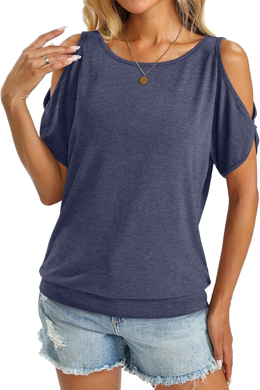 image:imageWomens Cold Shoulder Tops Banded Bottom Boat Neck T Shirts Summer Sexy Casual Loose Fit Clothes 2026Navy