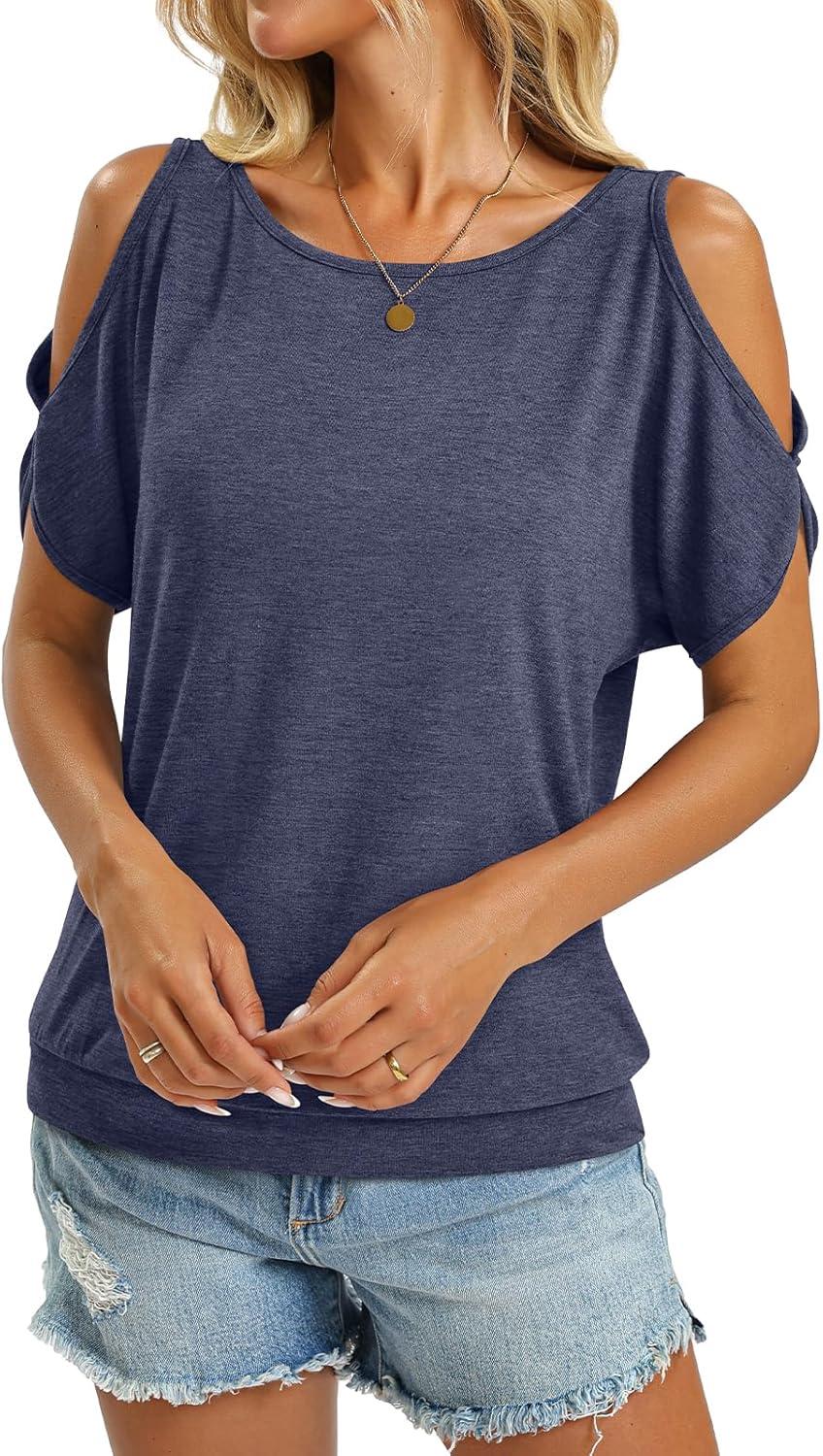 image:imageWomens Cold Shoulder Tops Banded Bottom Boat Neck T Shirts Summer Sexy Casual Loose Fit Clothes 2026Navy
