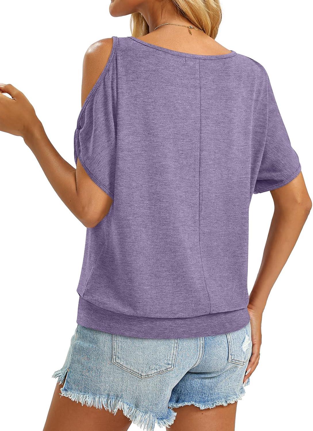 image:imageWomens Cold Shoulder Tops Banded Bottom Boat Neck T Shirts Summer Sexy Casual Loose Fit Clothes 2026Purple