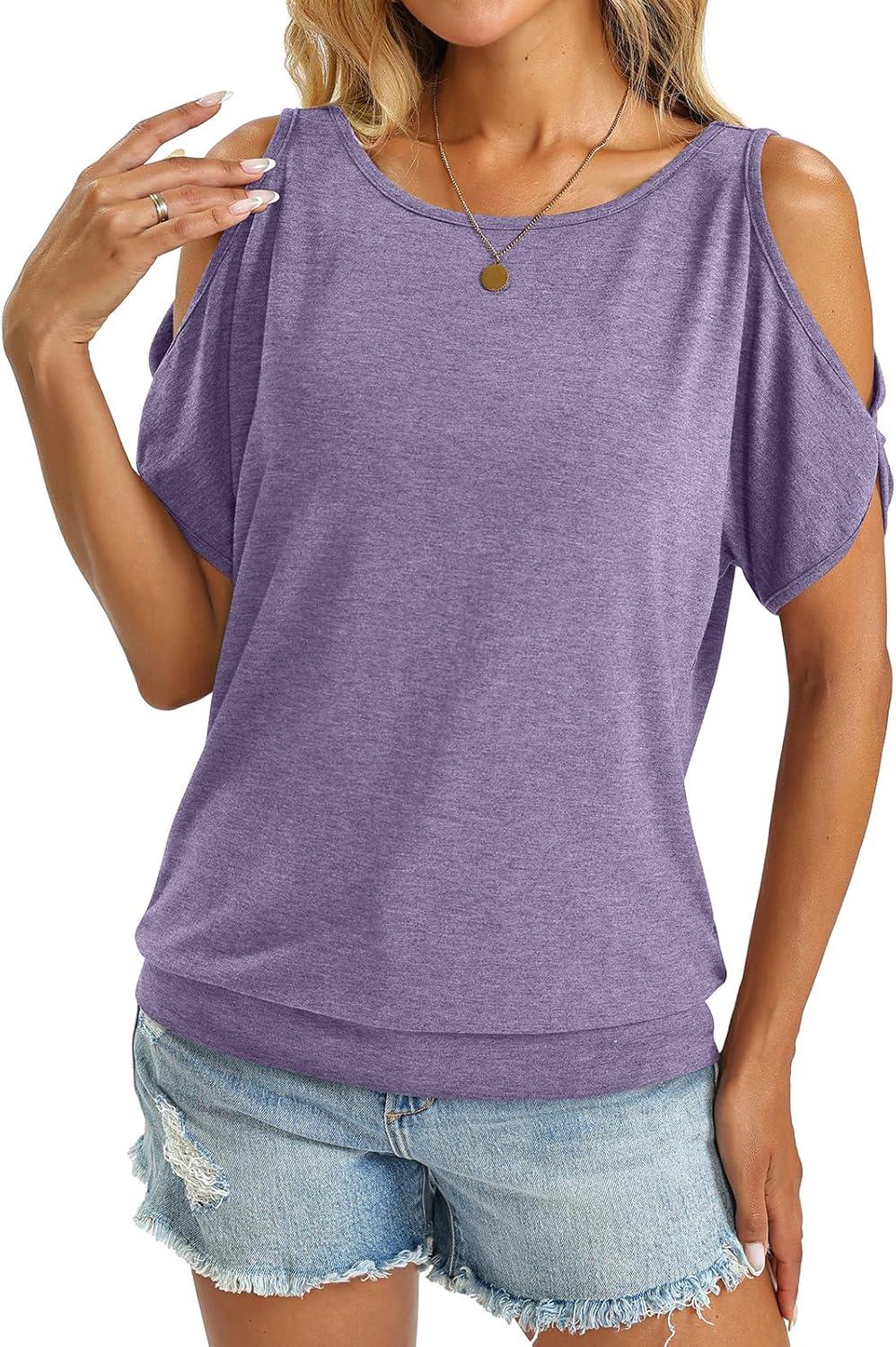 image:imageWomens Cold Shoulder Tops Banded Bottom Boat Neck T Shirts Summer Sexy Casual Loose Fit Clothes 2026Purple