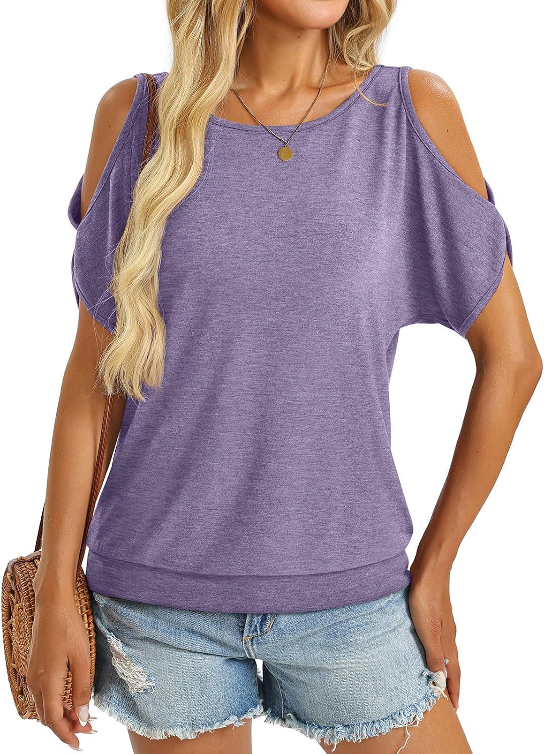 image:imageWomens Cold Shoulder Tops Banded Bottom Boat Neck T Shirts Summer Sexy Casual Loose Fit Clothes 2026Purple