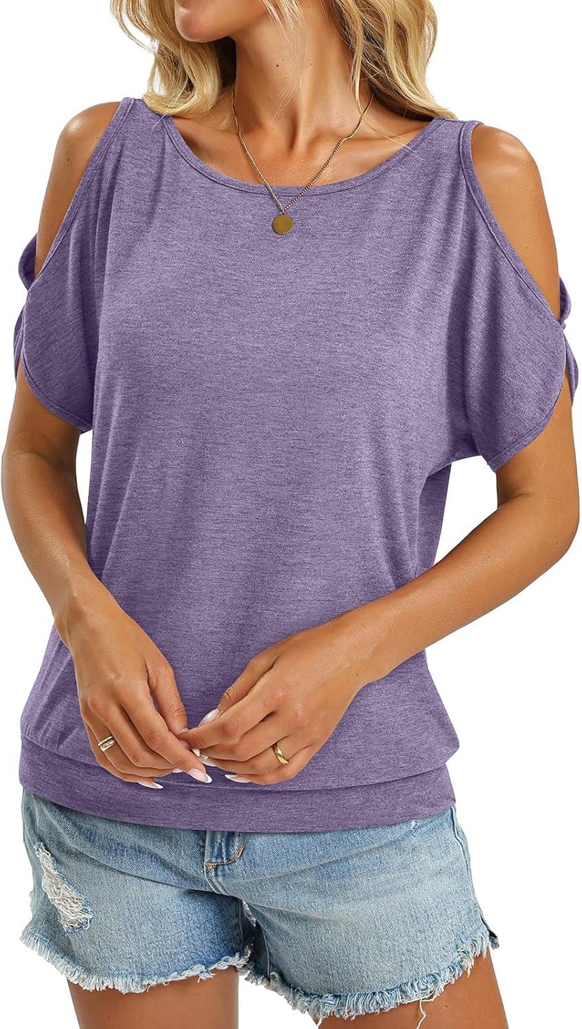image:imageWomens Cold Shoulder Tops Banded Bottom Boat Neck T Shirts Summer Sexy Casual Loose Fit Clothes 2026Purple