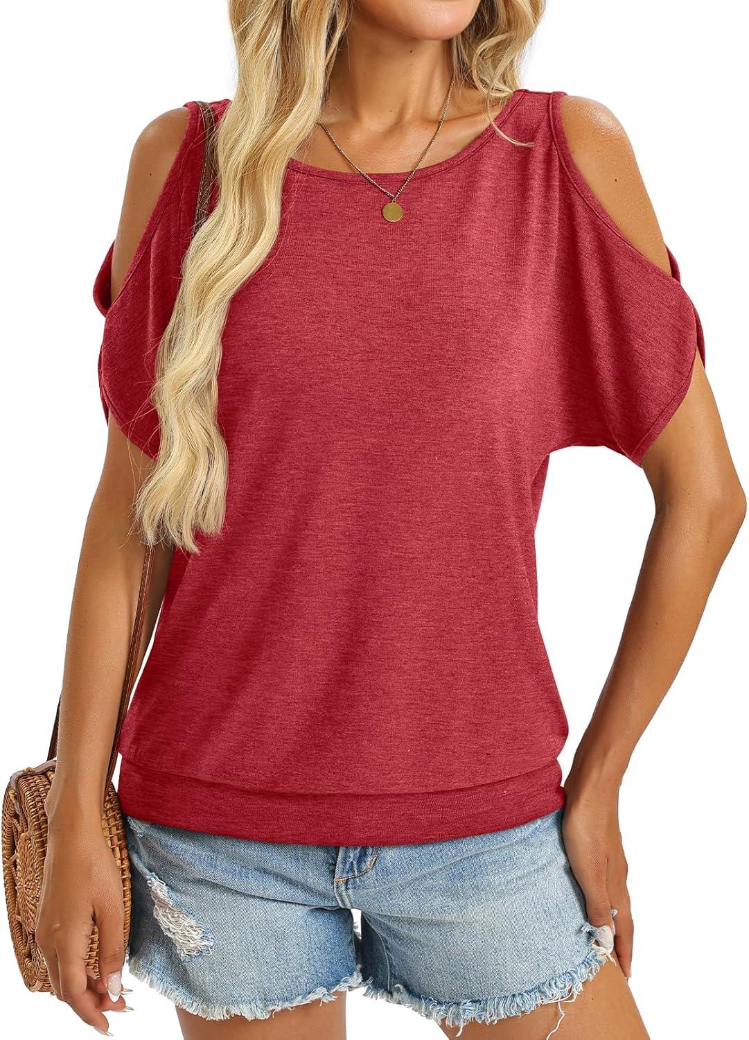 image:imageWomens Cold Shoulder Tops Banded Bottom Boat Neck T Shirts Summer Sexy Casual Loose Fit Clothes 2026Red