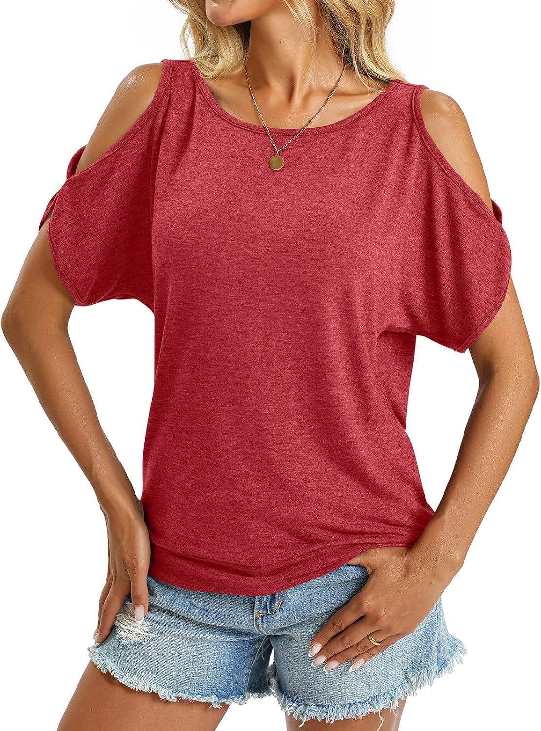 image:imageWomens Cold Shoulder Tops Banded Bottom Boat Neck T Shirts Summer Sexy Casual Loose Fit Clothes 2026Red