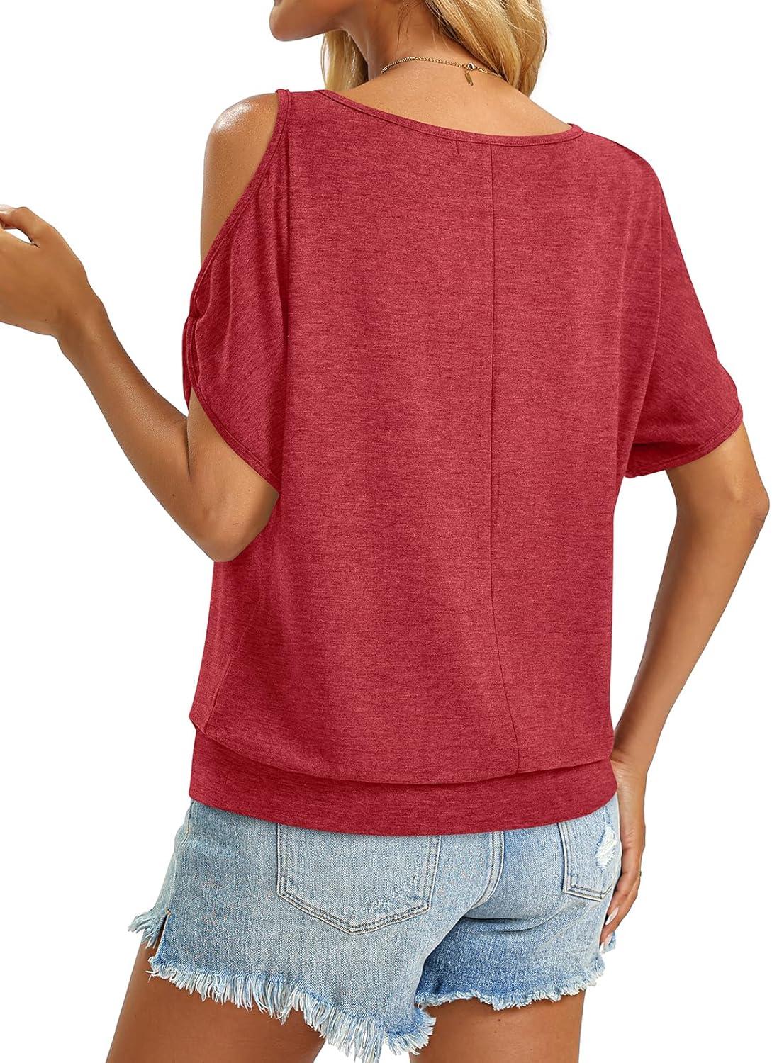 image:imageWomens Cold Shoulder Tops Banded Bottom Boat Neck T Shirts Summer Sexy Casual Loose Fit Clothes 2026Red