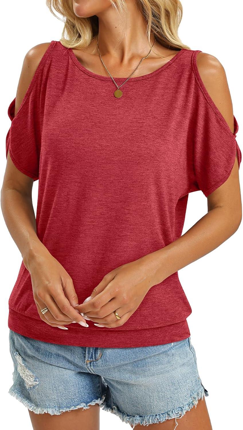 image:imageWomens Cold Shoulder Tops Banded Bottom Boat Neck T Shirts Summer Sexy Casual Loose Fit Clothes 2026Red
