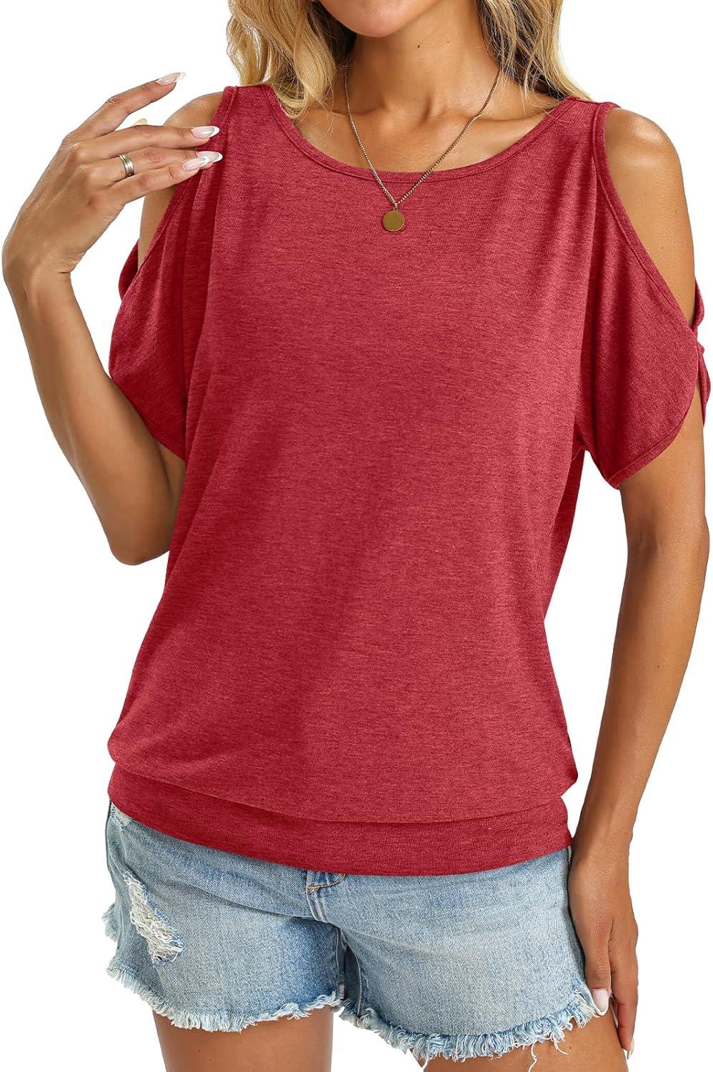 image:imageWomens Cold Shoulder Tops Banded Bottom Boat Neck T Shirts Summer Sexy Casual Loose Fit Clothes 2026Red