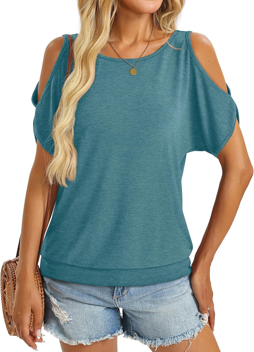 image:imageWomens Cold Shoulder Tops Banded Bottom Boat Neck T Shirts Summer Sexy Casual Loose Fit Clothes 2026Teal Blue