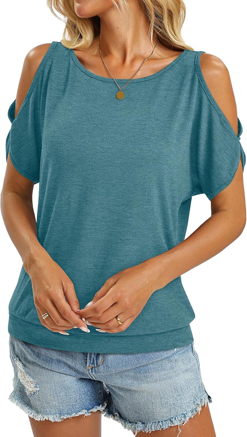 image:imageWomens Cold Shoulder Tops Banded Bottom Boat Neck T Shirts Summer Sexy Casual Loose Fit Clothes 2026Teal Blue