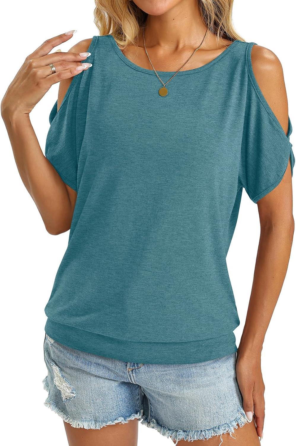image:imageWomens Cold Shoulder Tops Banded Bottom Boat Neck T Shirts Summer Sexy Casual Loose Fit Clothes 2026Teal Blue