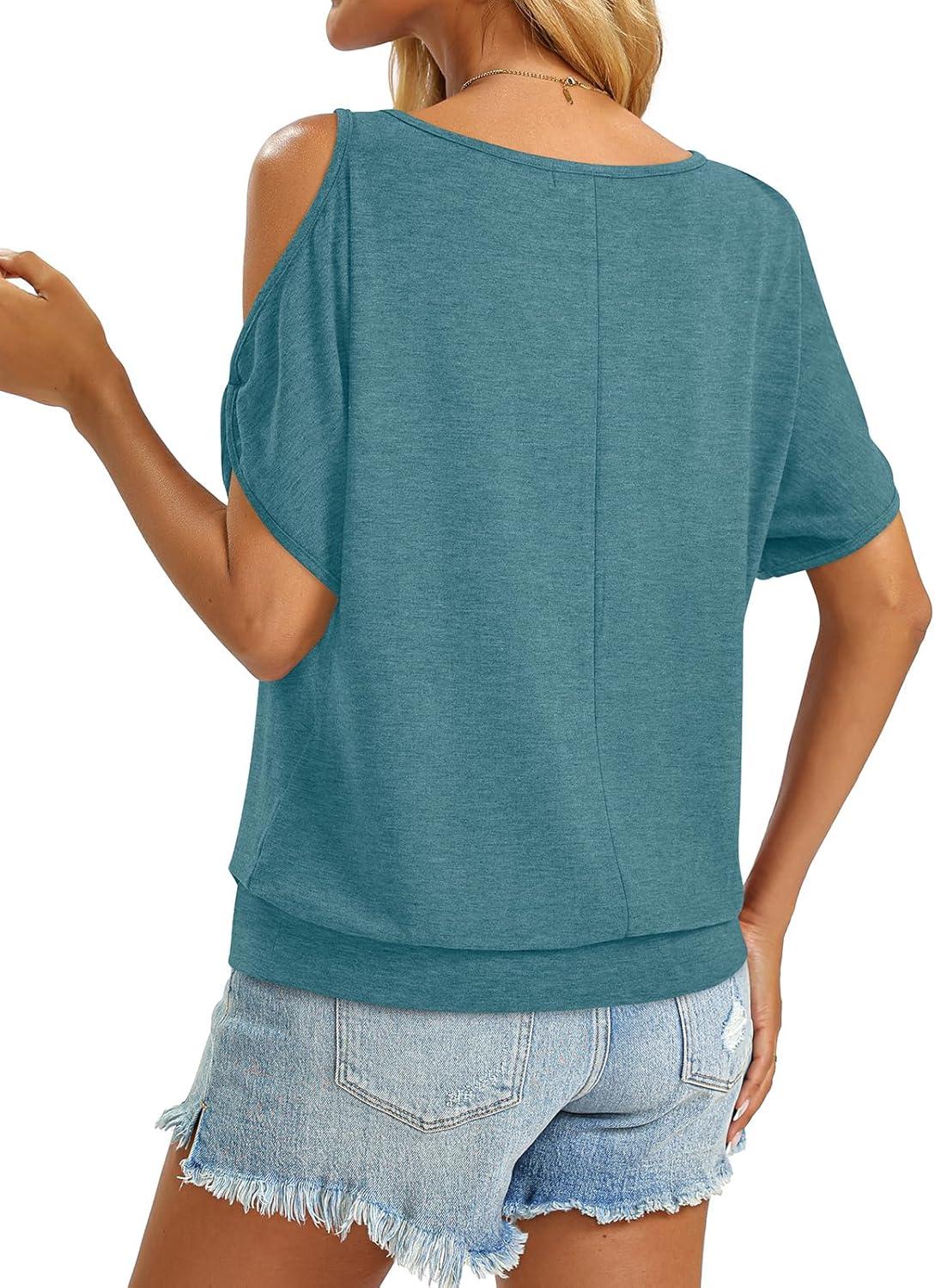 image:imageWomens Cold Shoulder Tops Banded Bottom Boat Neck T Shirts Summer Sexy Casual Loose Fit Clothes 2026Teal Blue