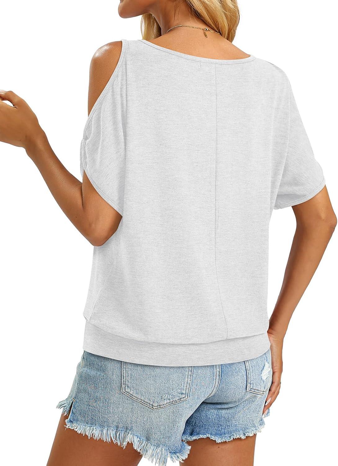image:imageWomens Cold Shoulder Tops Banded Bottom Boat Neck T Shirts Summer Sexy Casual Loose Fit Clothes 2026White
