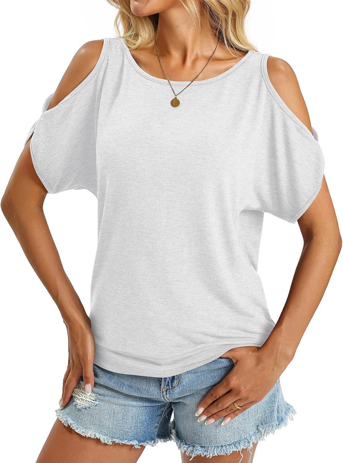 image:imageWomens Cold Shoulder Tops Banded Bottom Boat Neck T Shirts Summer Sexy Casual Loose Fit Clothes 2026White
