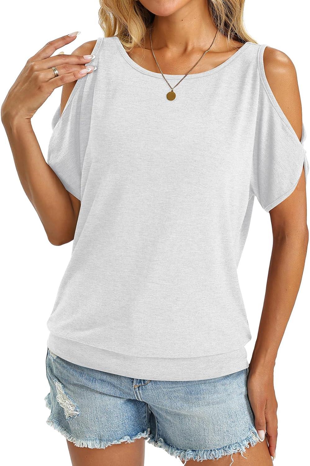 image:imageWomens Cold Shoulder Tops Banded Bottom Boat Neck T Shirts Summer Sexy Casual Loose Fit Clothes 2026White
