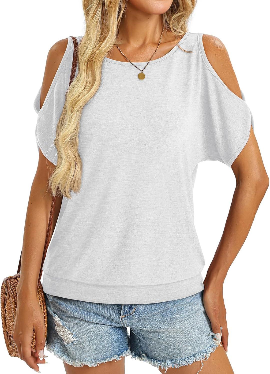 image:imageWomens Cold Shoulder Tops Banded Bottom Boat Neck T Shirts Summer Sexy Casual Loose Fit Clothes 2026White