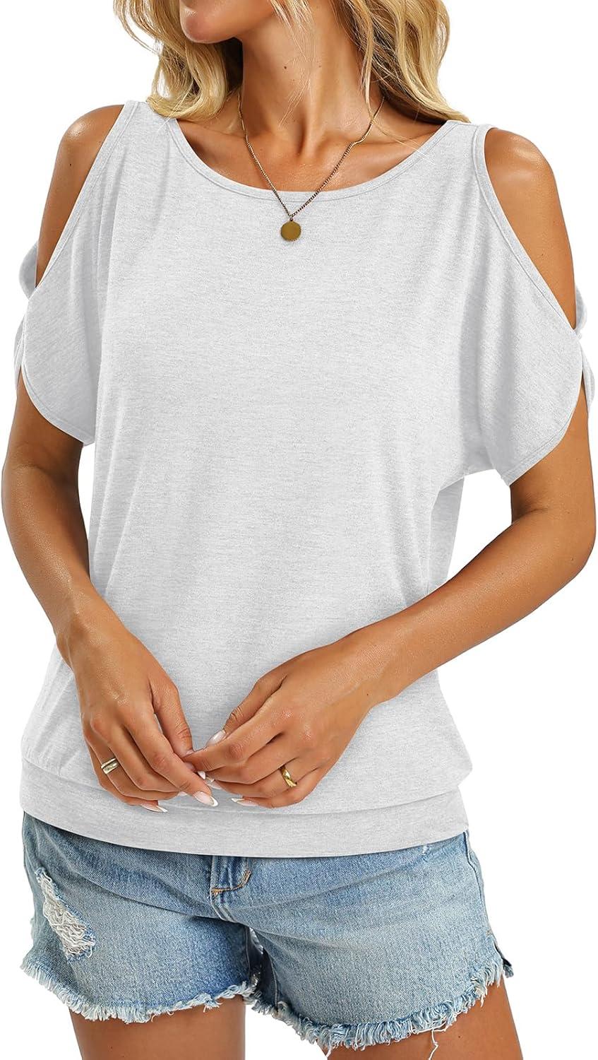 image:imageWomens Cold Shoulder Tops Banded Bottom Boat Neck T Shirts Summer Sexy Casual Loose Fit Clothes 2026White